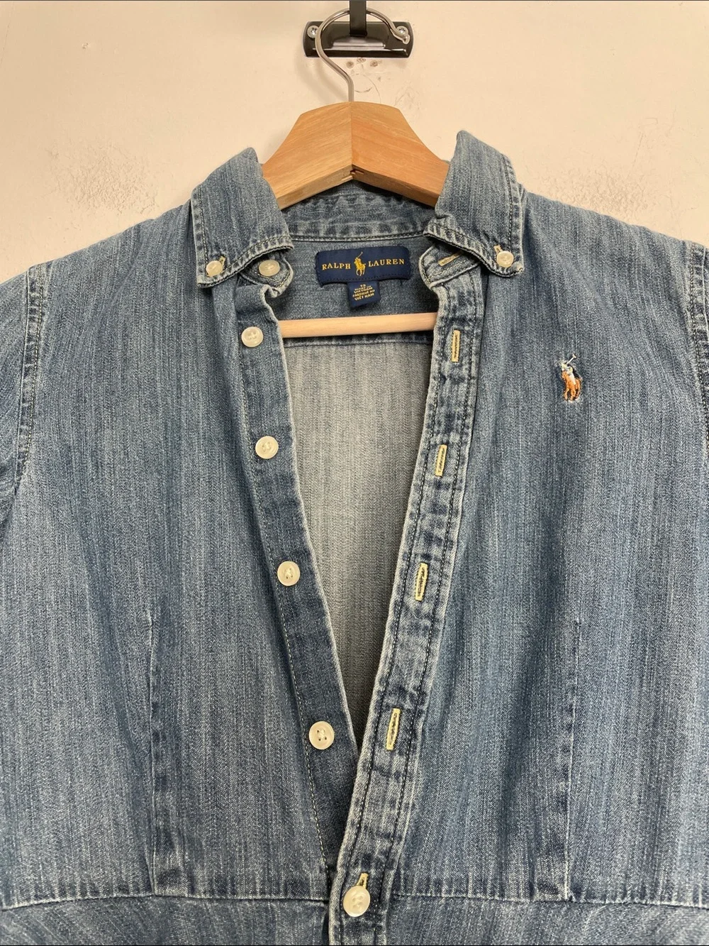 Ralph Lauren Girls' 12 Long Sleeve 2 Pocket Button Down Front Denim Flare Dress